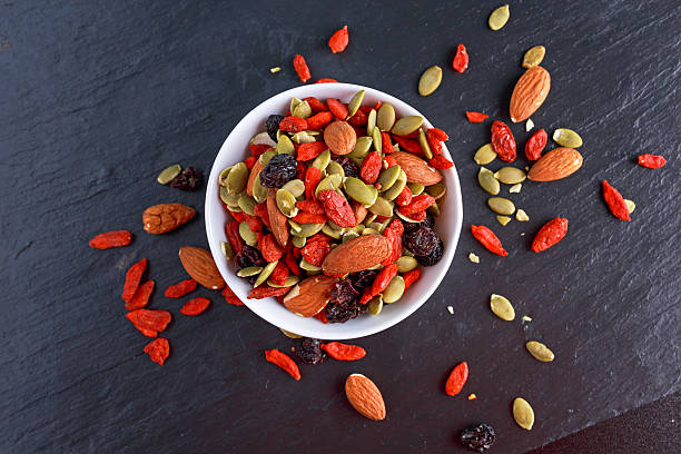 istock Nut mix snack with raisins, pumpkin seeds, almonds and goji 616103068