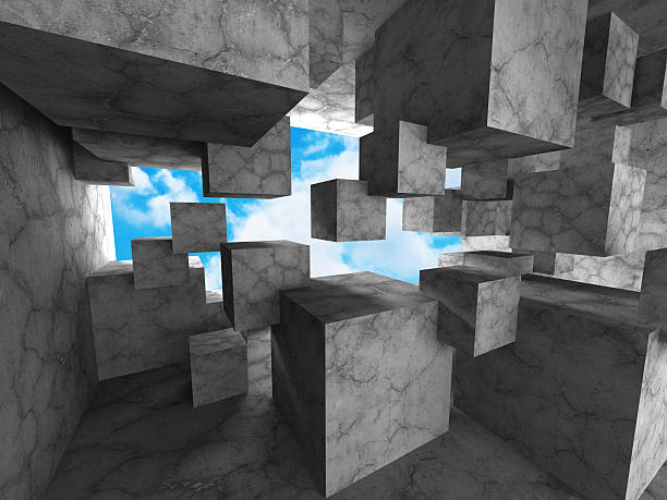 istock Dark concrete cubes chaitc architecture background with sky 616103998
