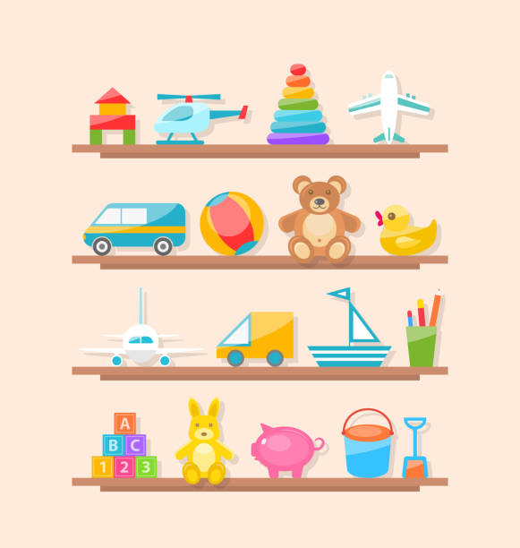 set von bunten kinder spielzeug auf regal. cartoon baby freuden - small shelf stock-grafiken, -clipart, -cartoons und -symbole