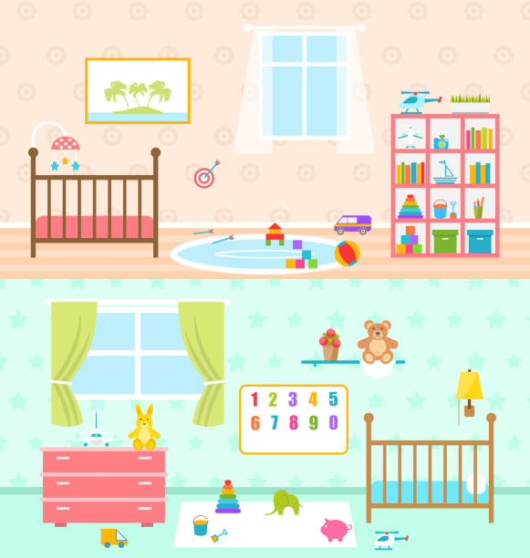 установите игровое залы для детей. детские комнаты интерьер - window book education symbol stock illustrations