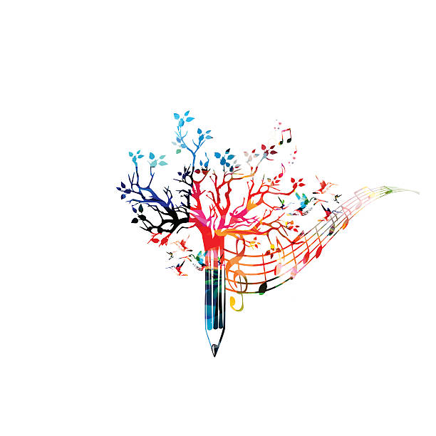 bildbanksillustrationer, clip art samt tecknat material och ikoner med colorful pencil tree vector illustration with music notes - school animal coloring