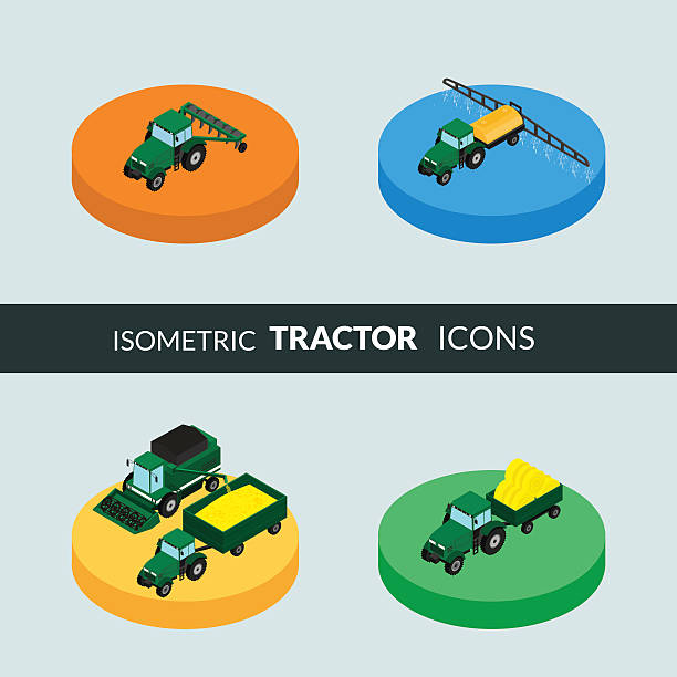 zestaw ikon rolnych - isometric combine harvester tractor farm stock illustrations