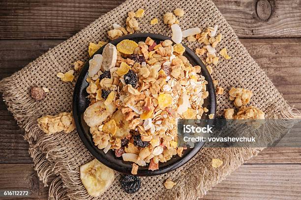 Healthy Muesli In Bowl Stock Photo - Download Image Now - Banana, Chocolate, Dried Food