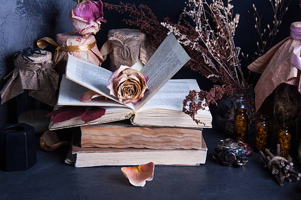 istock Witch accessories: old books, dry flowers and herbs, black candle 616113270