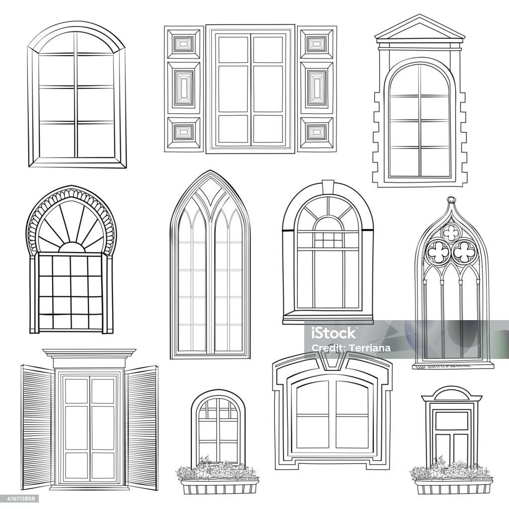 Window set. Window set. Different architectural style of windows doodle sketch stylish collection Window stock vector