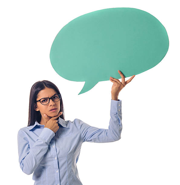 istock Beautiful business lady with speech bubble 616117658