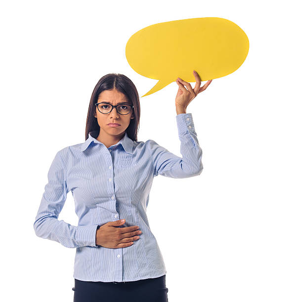 istock Beautiful business lady with speech bubble 616117714