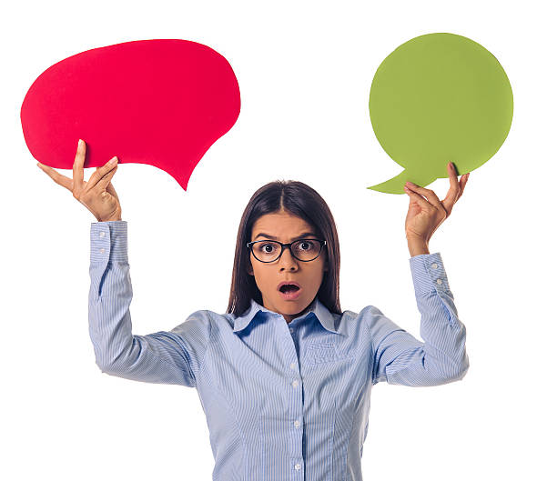 istock Beautiful business lady with speech bubble 616117772