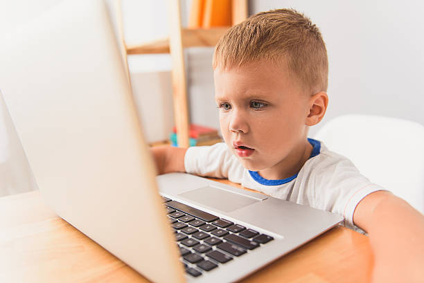 istock Cute little boy using laptop at home 616118412