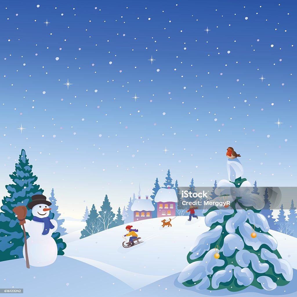 Winter outdoors Vector illustration of a winter snowy village with a snowman, playing kids and snow covered Christmas tree. Christmas stock vector