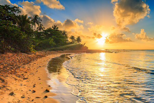 A picture of the sunrise on a small rocky beach in Aracruz, Brazil.
