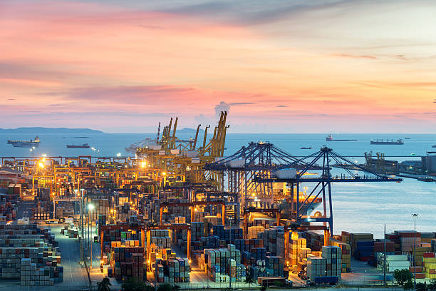 istock Aerial view of Laem chabang cargo container port in evening 616125694