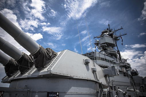 Charleston, United States – October 22, 2022: A grayscale shot of The flight deck of the USS Yorktown at Patriots Point, Mount Pleasant