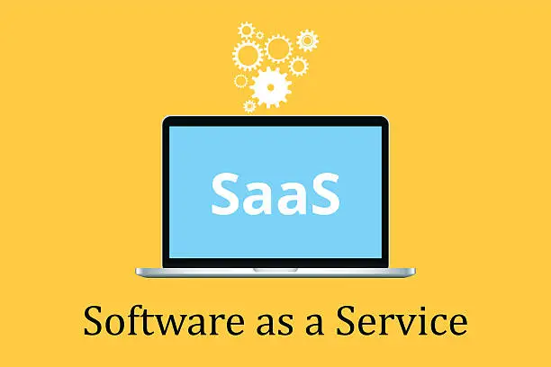 Vector illustration of saas software as a service concept with laptop and poster