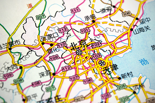 Macro picture of a map centered on Beijing city (in Chinese: 北京) and its surroundings