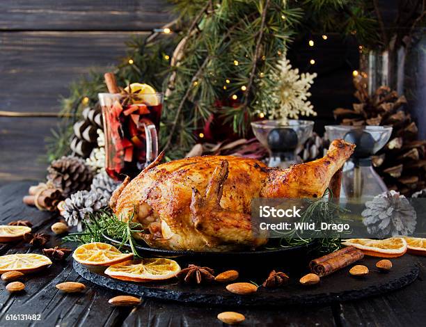 Baked Chicken For Christmas Or New Year Stock Photo - Download Image Now - Christmas, Meat, Meal