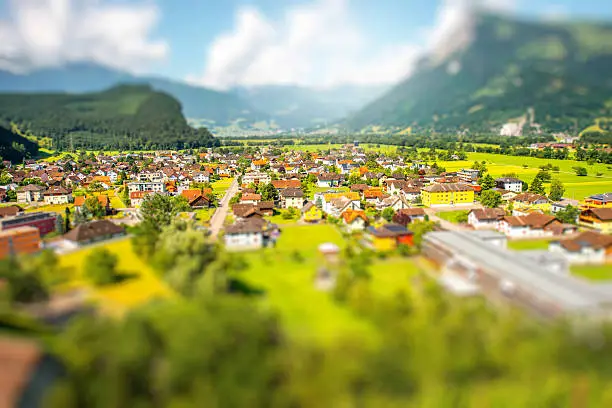 Landscape view on Balzers village in Liechtenstein. Panoramic view with tilt-shift image technic