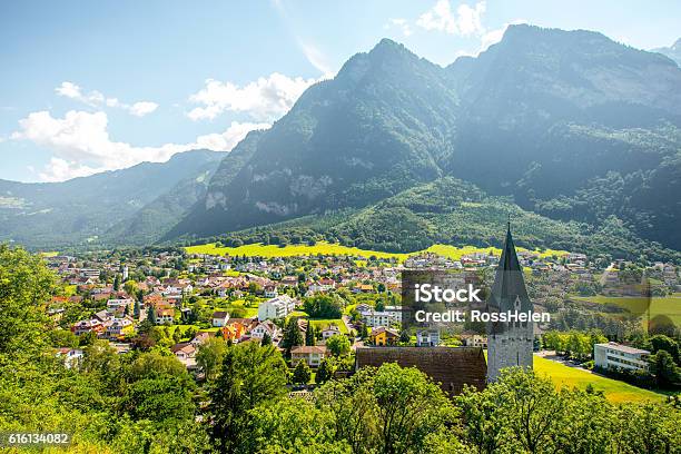 Balzers Village In Liechtenstein Stock Photo - Download Image Now - Liechtenstein, Cityscape, European Alps