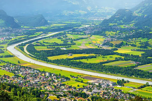 Aerial landscape view on Vaduz city and Rhein river in Liechtenstein