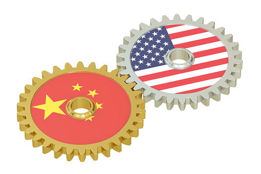 China and United States relations concept, flags on a gears. 3D rendering isolated on white background