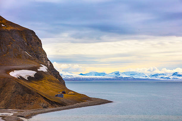 häuser und berge in arktischer sommerlandschaft - insel spitzbergen stock-fotos und bilder