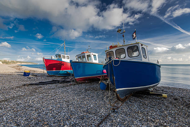 fiherman лодки на pebles на пляже в пиво, девон, великобритания - horizon over water england uk summer стоковые фото и изображения