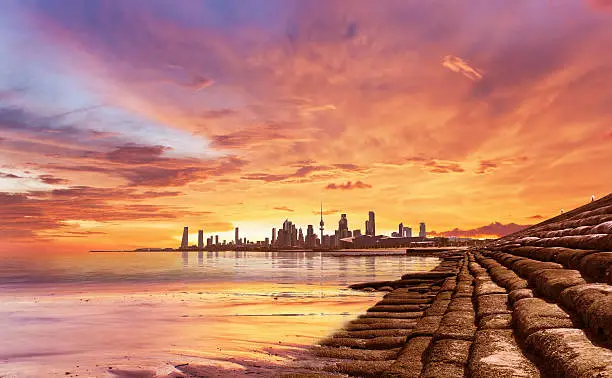 Kuwait City landscape view during beautiful golden sunset on summer time