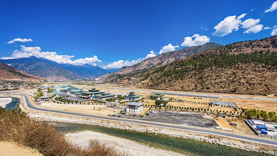 mountain landscape with village and mini airport