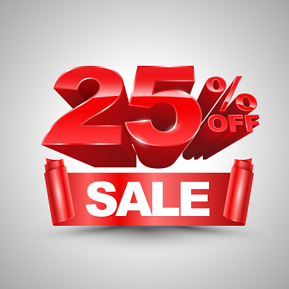 25 percent off sale red ribbon banner roll 3D style. Vector illustration for promotion advertising.