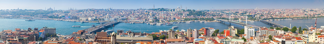 Istanbul, Turkey - July 1, 2016: Extra wide panoramic photo of Istanbul, Turkey. Summer cityscape with Golden Horn, shot taken from the viewpoint of Galata tower