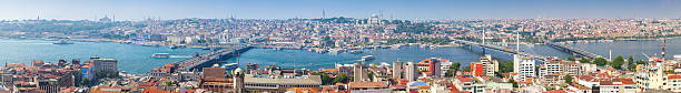 Extra wide panoramic photo of Istanbul Istanbul, Turkey - July 1, 2016: Extra wide panoramic photo of Istanbul, Turkey. Summer cityscape with Golden Horn, shot taken from the viewpoint of Galata tower golden horn istanbul photos stock pictures, royalty-free photos & images