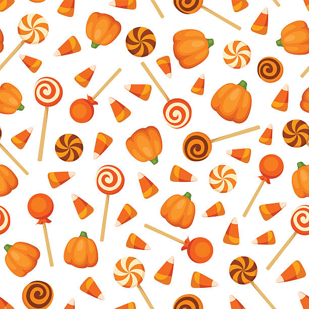 Seamless background with orange Halloween candies. Vector illustration. Vector seamless pattern with orange Halloween candies on a white background.  candy corn stock illustrations