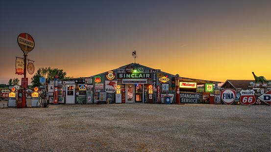 Cuba, Missouri, USA - May 11, 2016 : Bob's Gasoline Alley on historic Route 66 in Cuba. It is is an outdoor and indoor collection of over 300 service station signs and other vintage advertisements.
