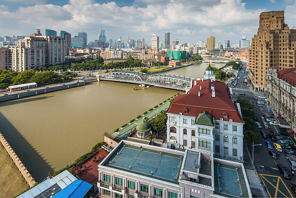 Shanghai Cityscape, China Shanghai, China - October 23, 2013: Cityscape, Suzhou Creek, old iron Waibaidu Bridge (Garden Bridge) and the Russian Consulate in the foreground, Shanghai, China. suzhou creek stock pictures, royalty-free photos & images