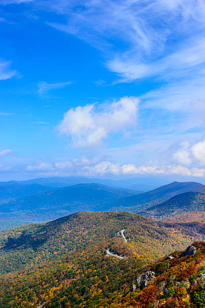 Road through early autumn forest Skyline drive through the early autumn forest of Shenandoah National Park, Virginia outcrop stock pictures, royalty-free photos & images