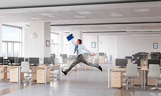 istock Dancing businessman in office room . Mixed media 616240998