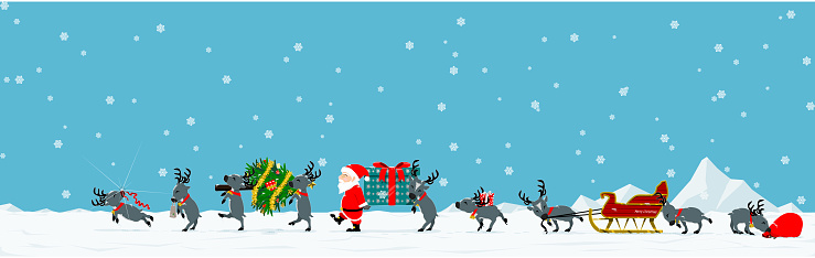 Santa and his reindeer are walking among falling snow
