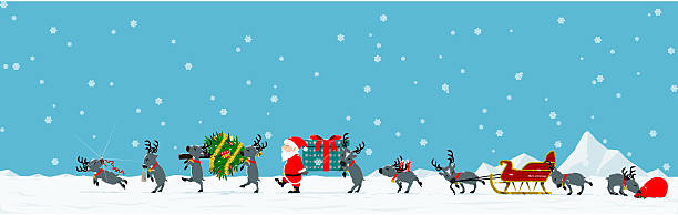 Parade of Santa Santa and his reindeer are walking among falling snow parade stock illustrations