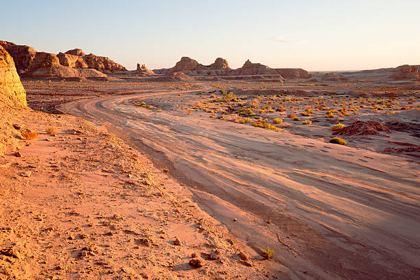 istock Winding unpaved road leading through the yardang field at sunset 616242436