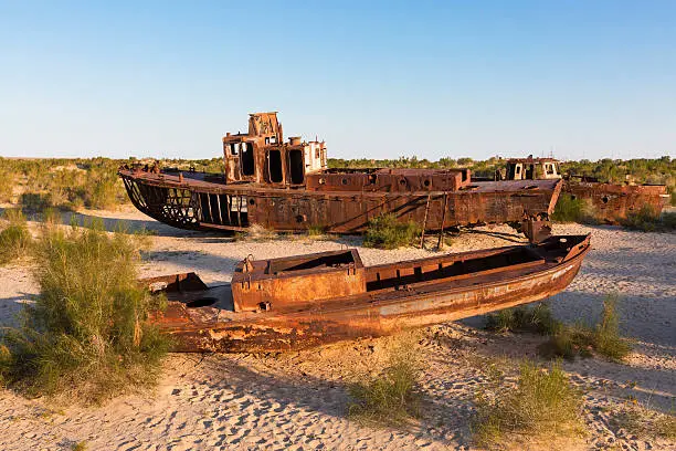 Ships on the bottom of the Aral Sea in Uzbekistan, after its waters dried out.