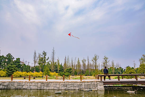 Shanghai, Сhina - March 29, 2016: Chinese man flying a kite in a park in Shanghai on a cloudy day