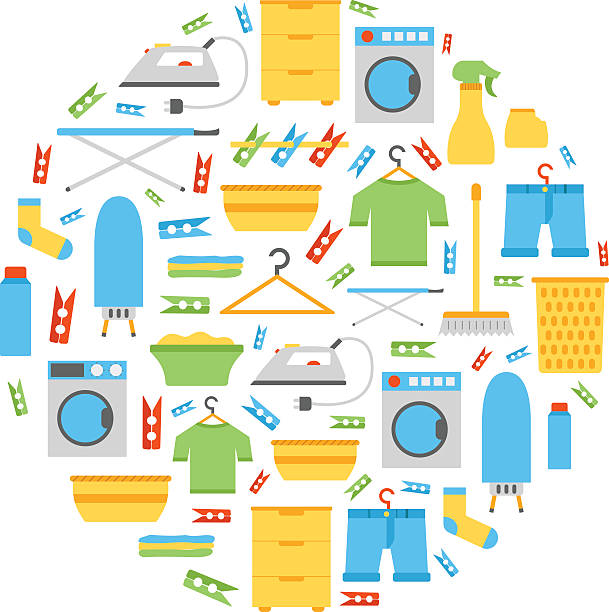 Vector flat laundry room background Vector illustration with flat laundry room background. Washing machine, dryer, iron, clothes hanger, ironing board, laundry basket. Vector house interior icons. Household flat equipment for laundry free chore backgrounds stock illustrations