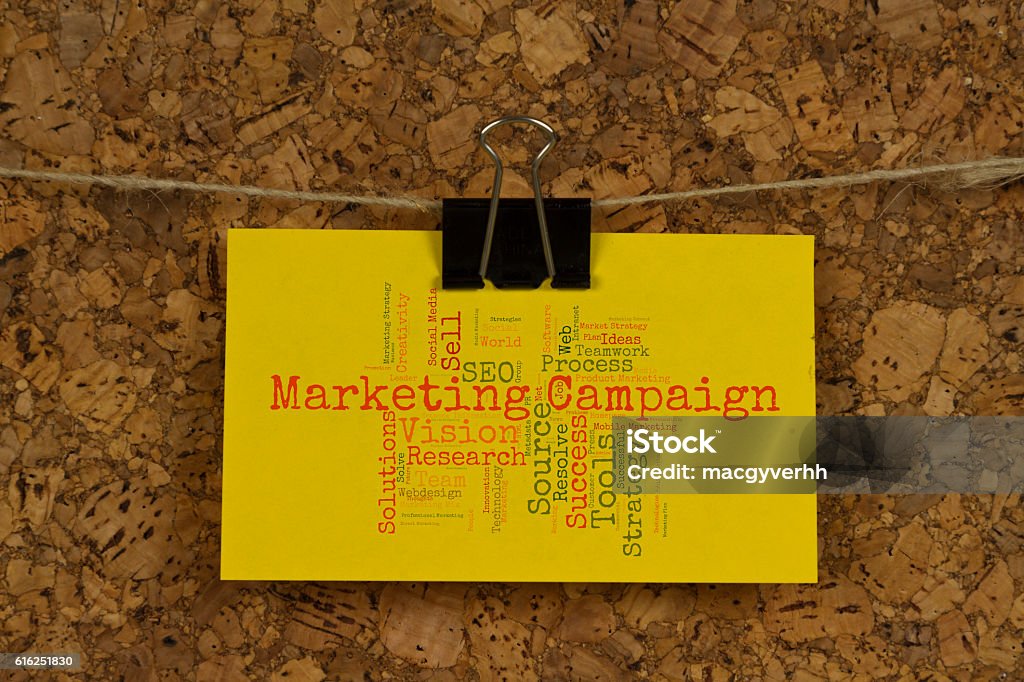 Marketing campaign word cloud Marketing campaign word cloud on business card pinned up on cork board Blogging Stock Photo