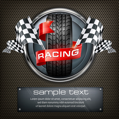 Racing emblem. Rubber wheel. Crossed checkered flags and red ribbon in metallic round on black. Vector illustration