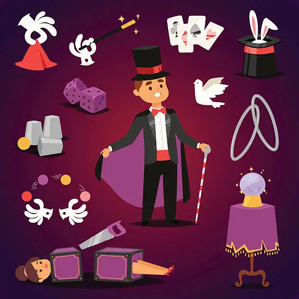 Vector illustration of Magician illusionist vector set.