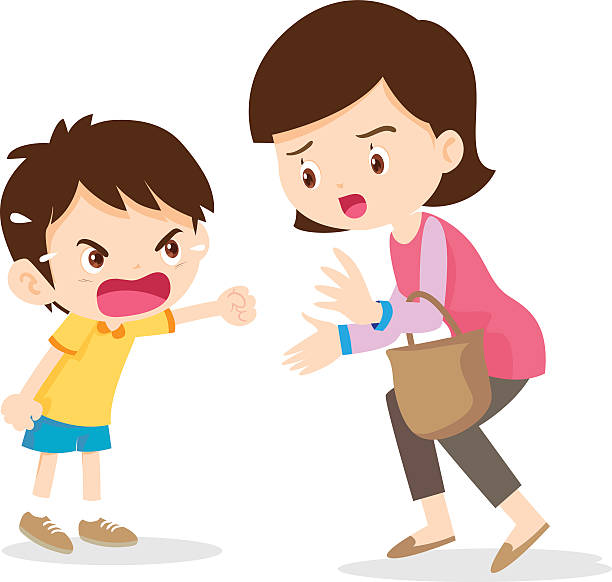 ilustraciones, imágenes clip art, dibujos animados e iconos de stock de niño enojado gritando con la madre - falta de respeto