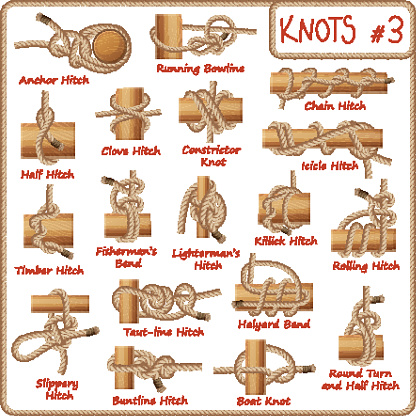 Set of rope knots, hitches, bows, bends isolated on white background. Decorative vector design. Part 3 of 3