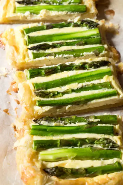 Homemade asparagus pie close up