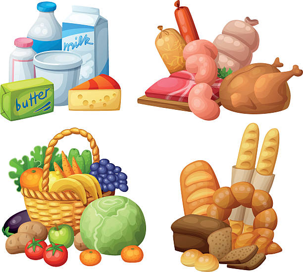 ilustraciones, imágenes clip art, dibujos animados e iconos de stock de juegos de alimentos de supermercado natural: productos lácteos, salchichas de carne de pollo, comestibles - butter dairy product yogurt milk