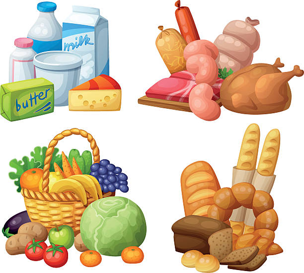 naturalne zestawy spożywcze w supermarkecie: produkty mleczne, kiełbasy mięsne, sklep spożywczy - bread food basket sweet bun stock illustrations